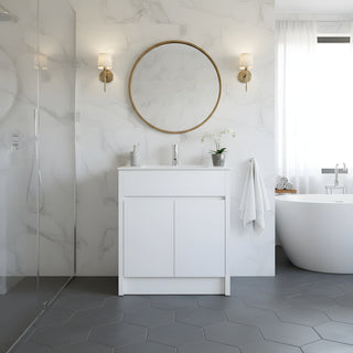 30" White Oak Freestanding Bathroom Vanity with White Ceramic Countertop