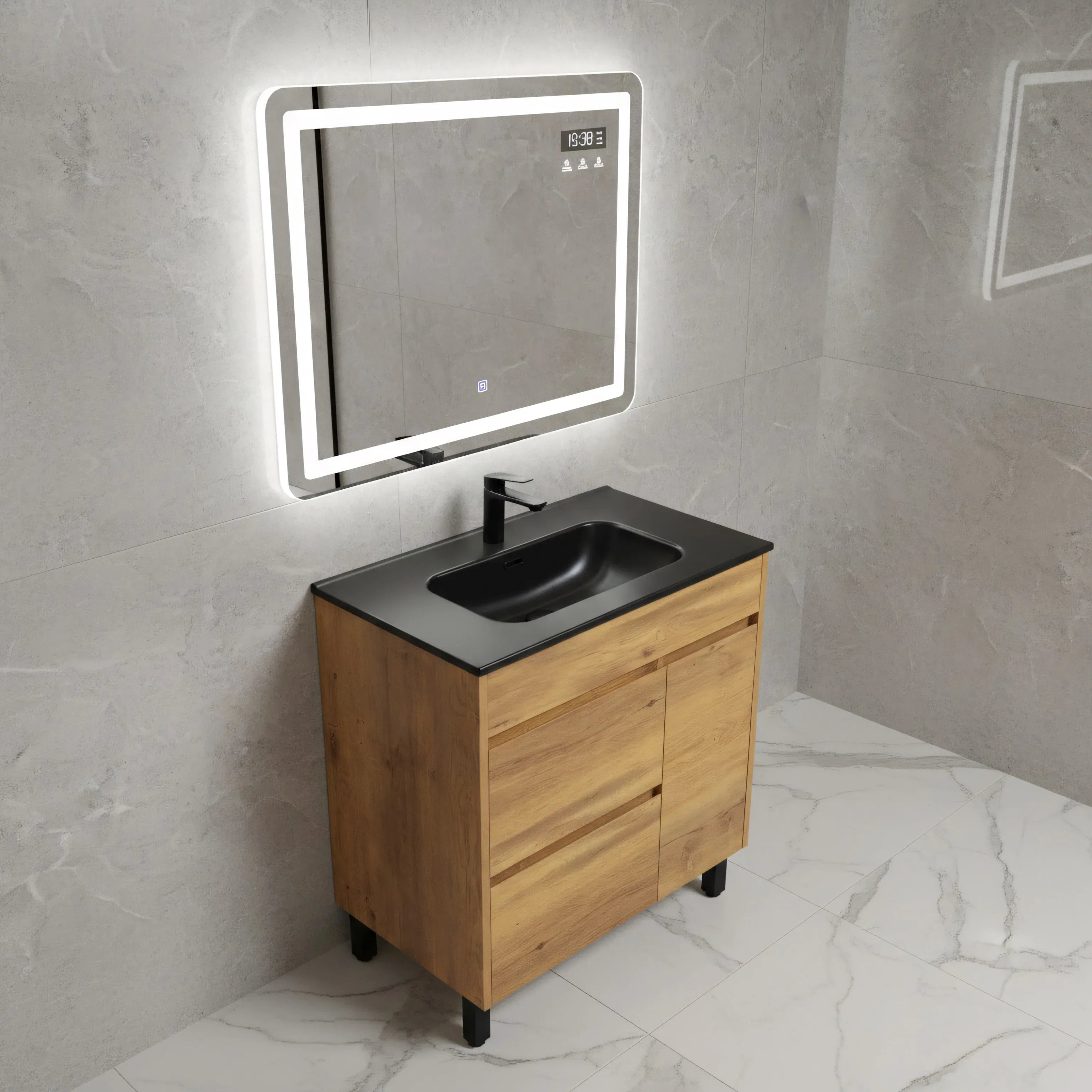 30" Frosted Oak Freestanding Single Sink Bathroom Vanity with Black Ceramic Countertop