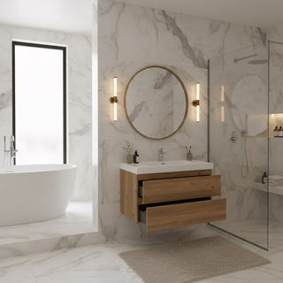 36" Rough Oak Wall Mount Bathroom Vanity with White Polymarble Countertop