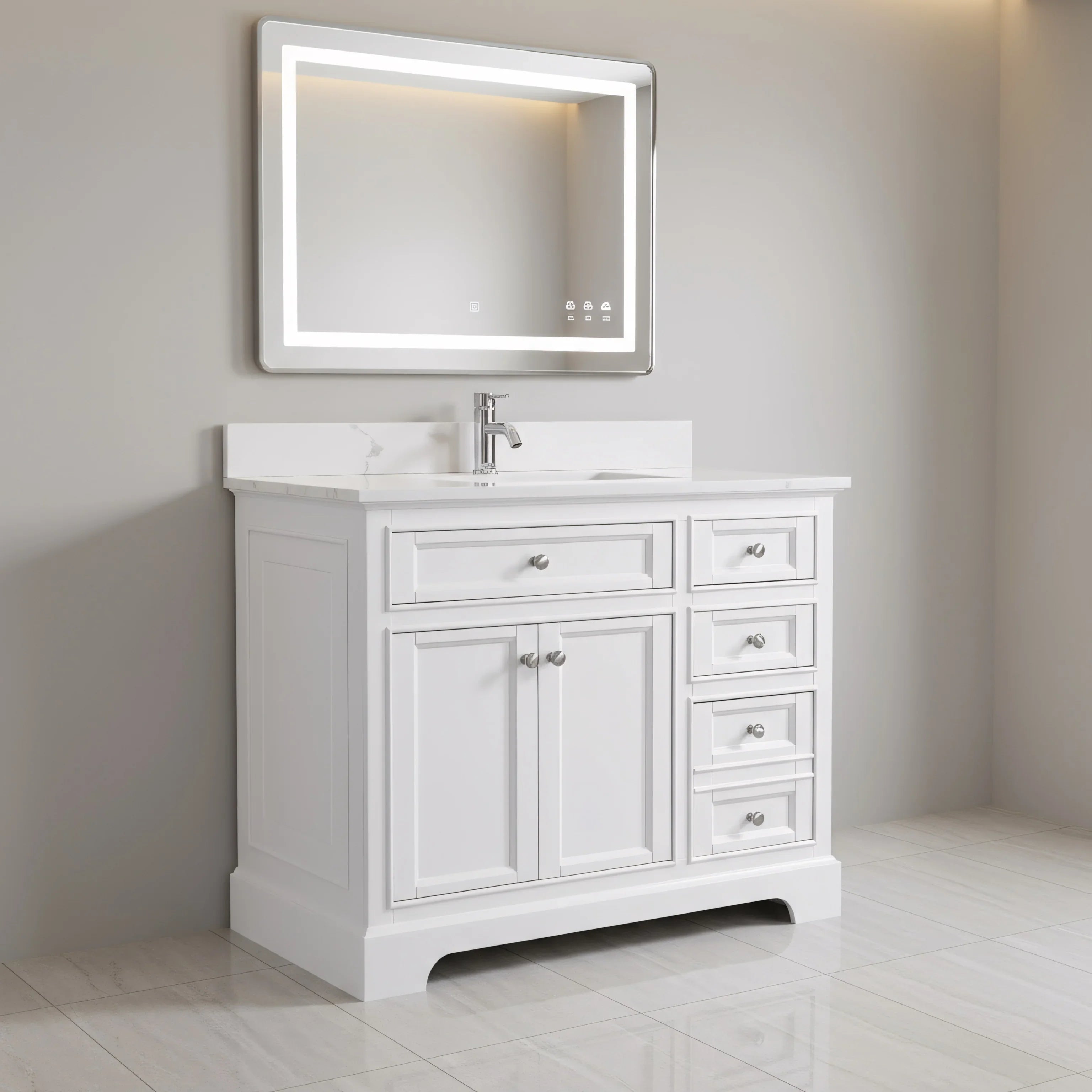 42" White Freestanding Single Sink Bathroom Vanity with Engineered Calcutta Marble Countertop