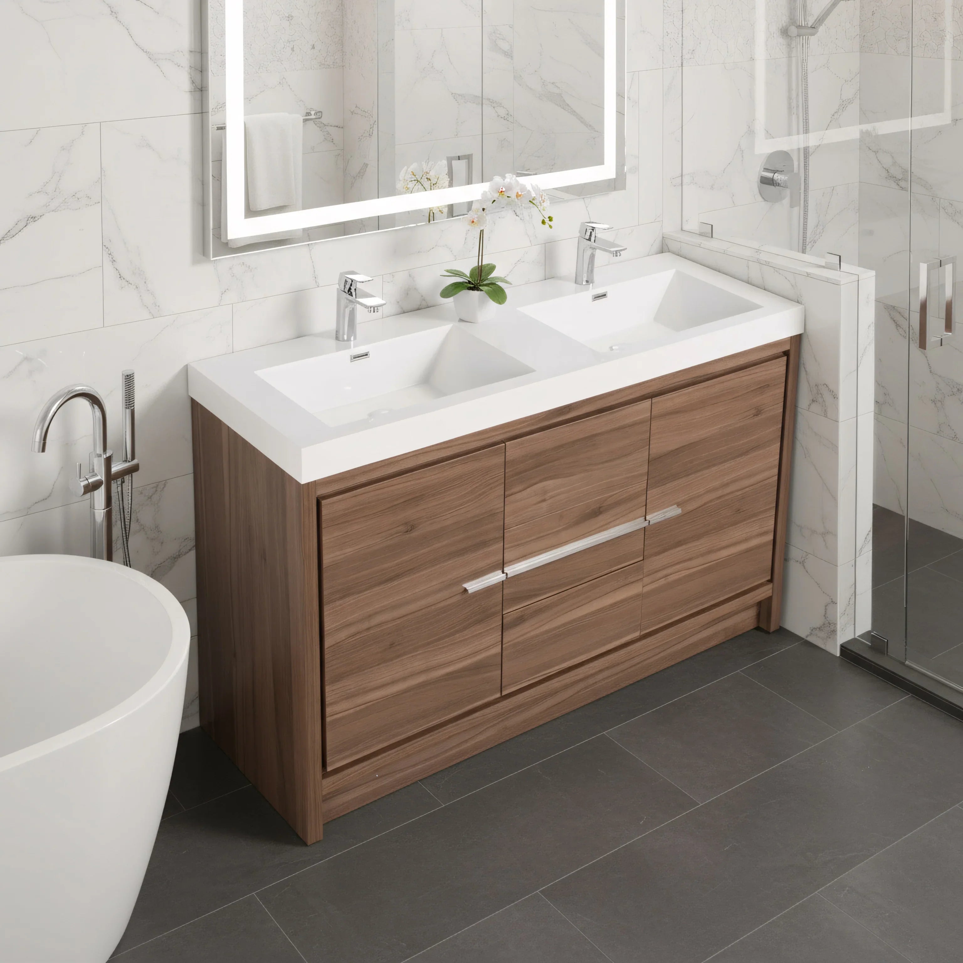 48" Walnut Freestanding Double Sink Bathroom Vanity with White Polymarble Countertop