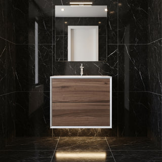 24" Walnut Wall Mount Vanity with White Polymarble Countertop