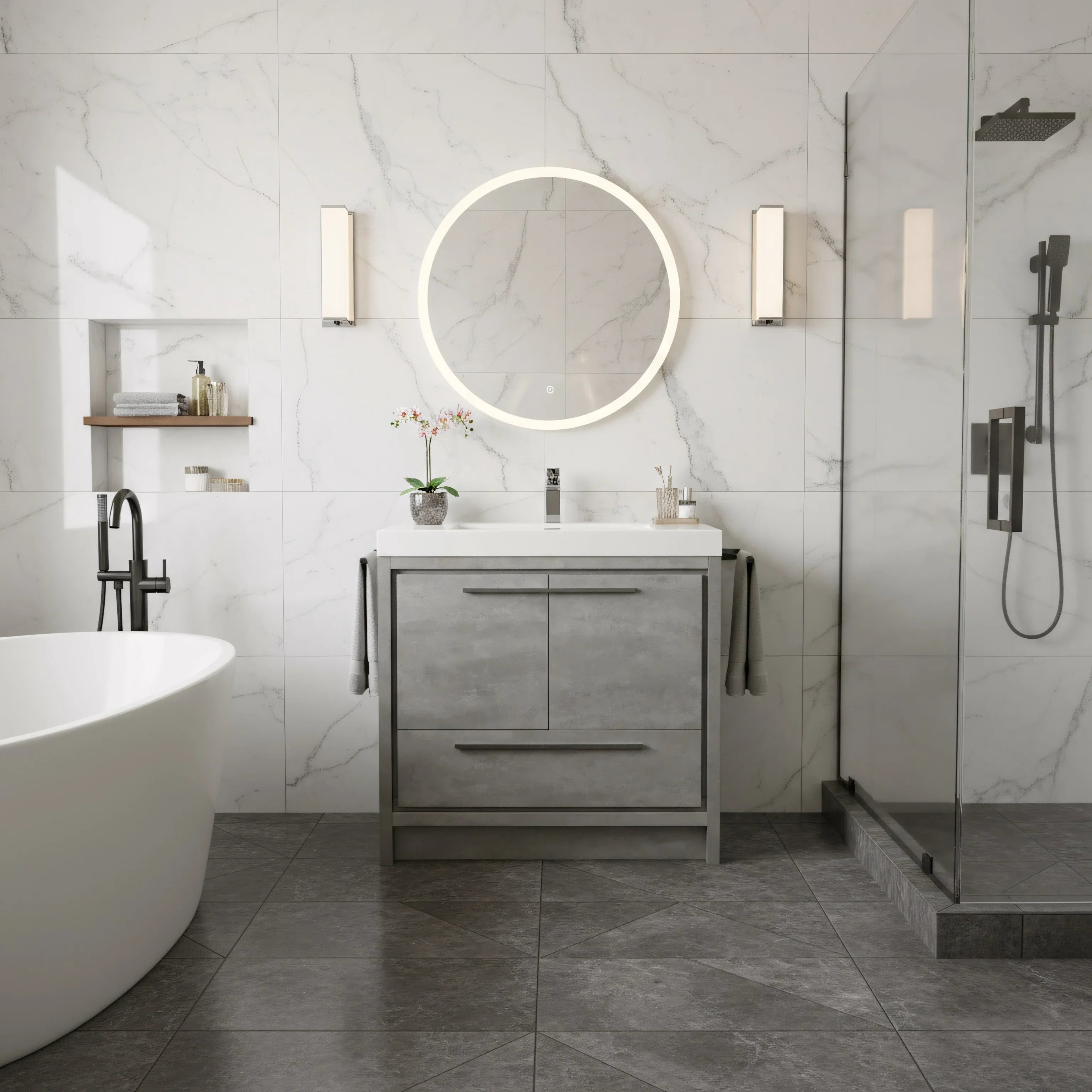 Meuble-Lavabo Autoportant 36po Ciment avec Comptoir de Polymarbre Blanc 