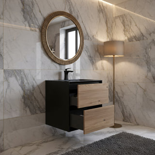 Meuble-Lavabo Mural 24po Noir et Chêne Brut avec Comptoir de Quartz d'ingénierie Noir 