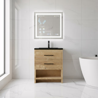 24" Rough Oak Freestanding Bathroom Vanity with Black Engineered Quartz Countertop