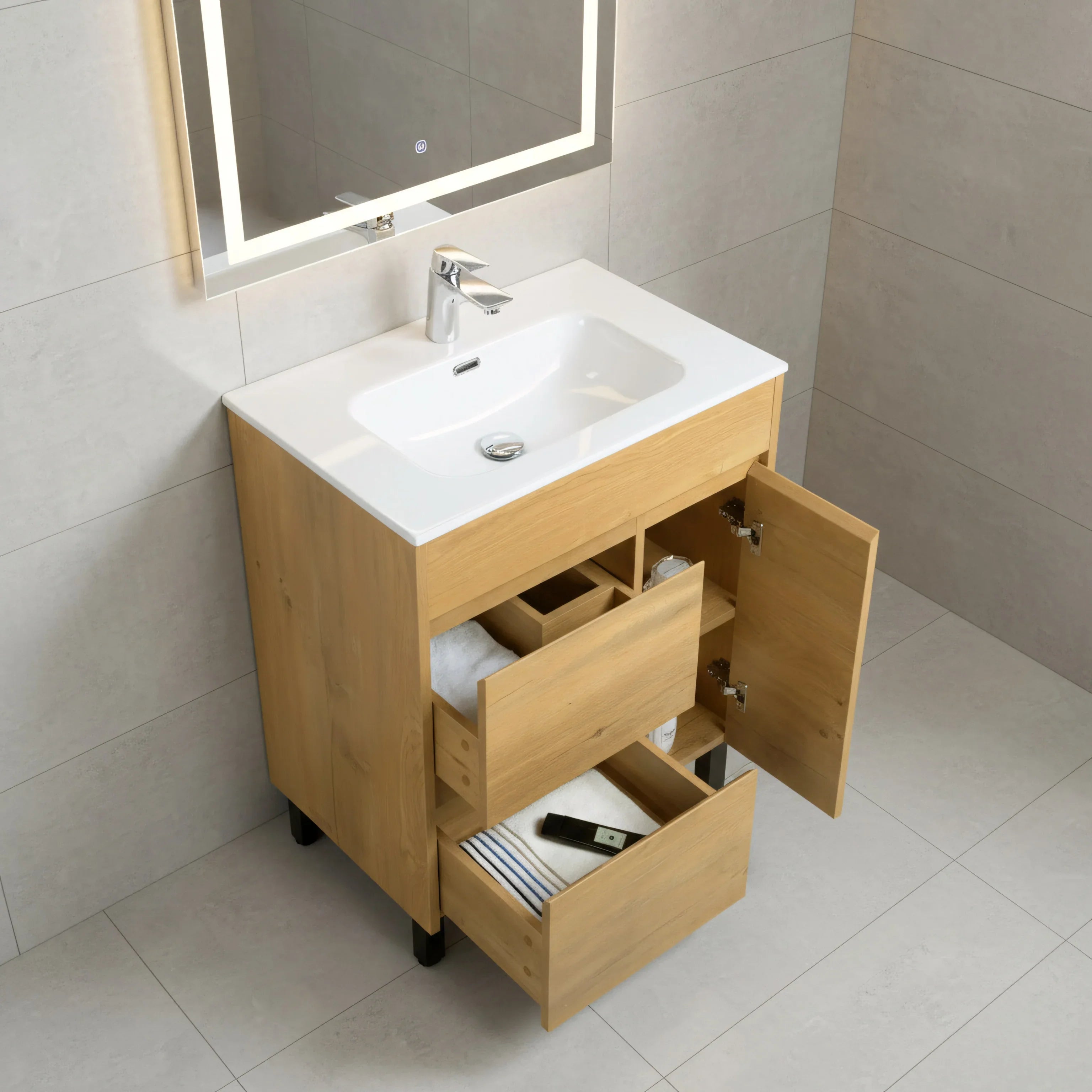 30" Frosted Oak Freestanding Bathroom Vanity with White Ceramic Countertop