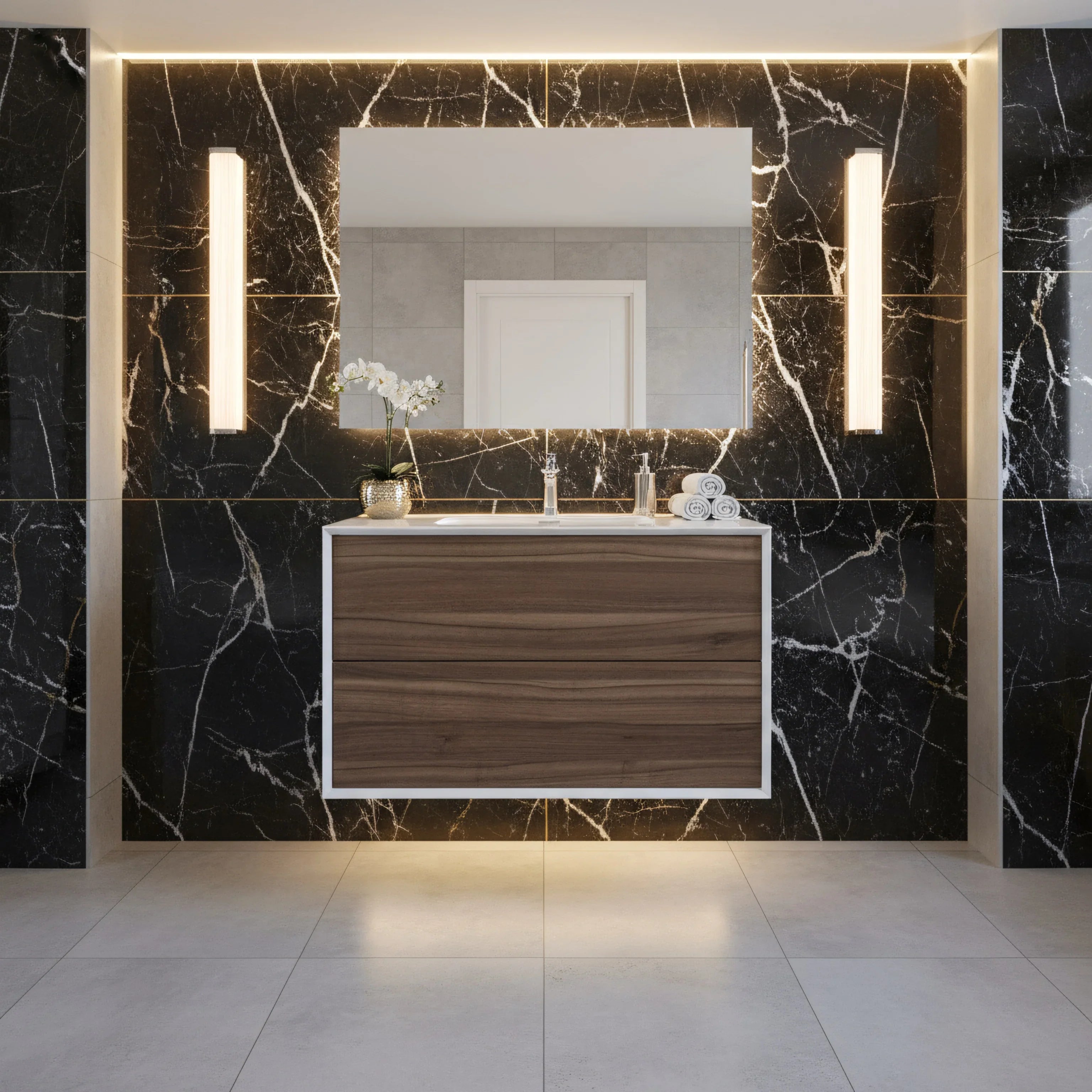 Meuble-lavabo mural en noyer de 36" avec Comptoir en polymarbre blanc