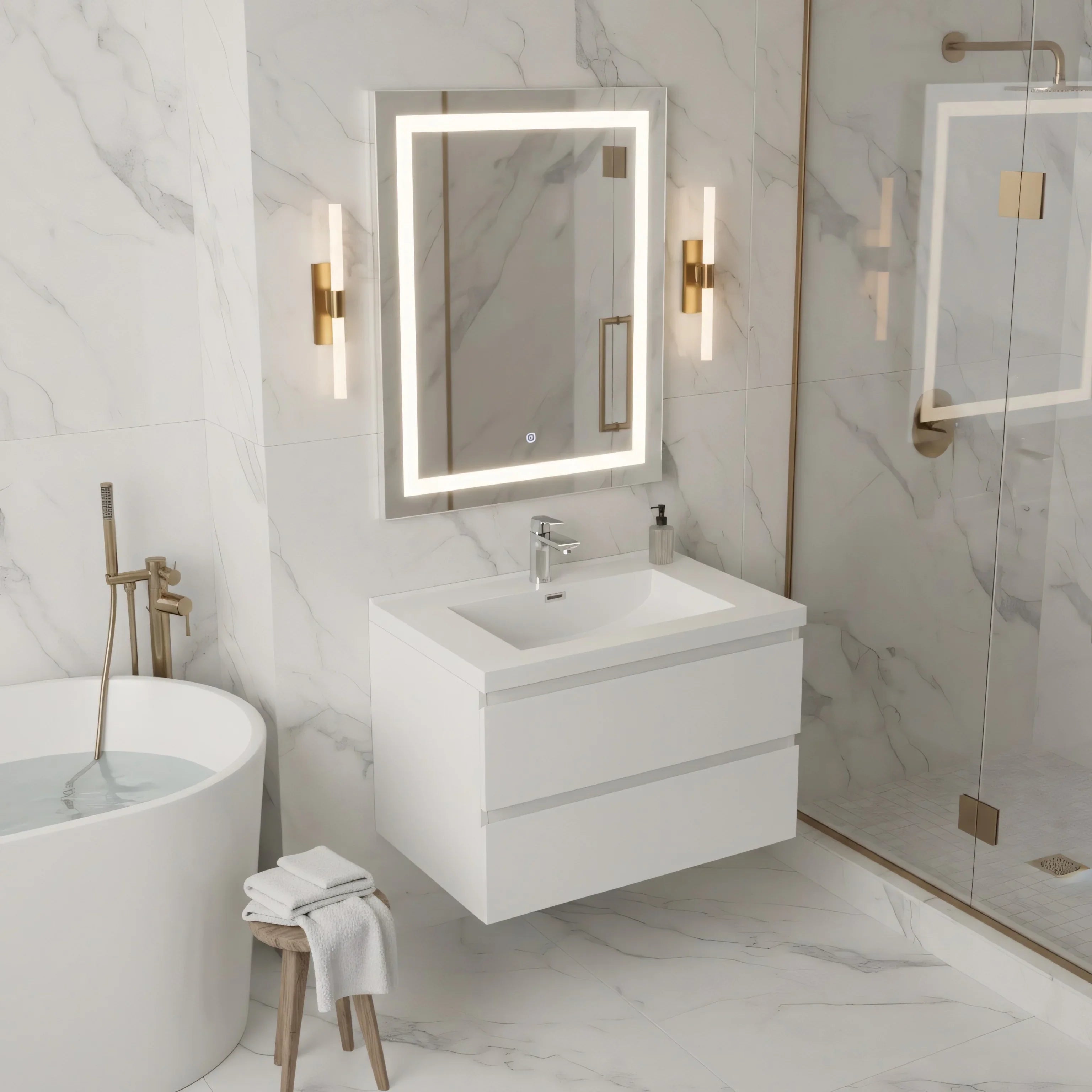 Meuble-Lavabo Mural 30po Blanc Brillant avec Comptoir de Polymarbre Blanc 