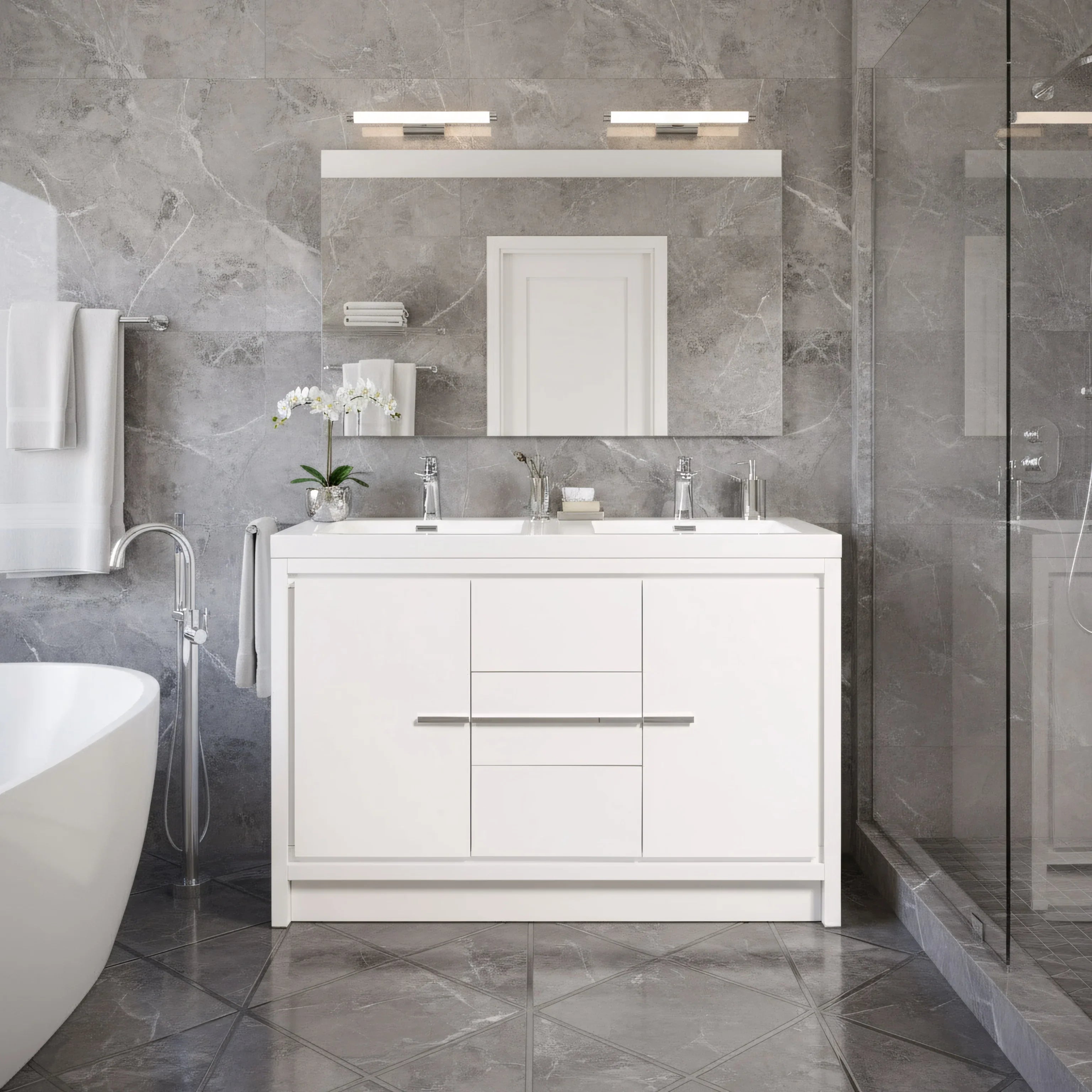 48" Glossy White Freestanding Double Sink Bathroom Vanity with White Polymarble Countertop