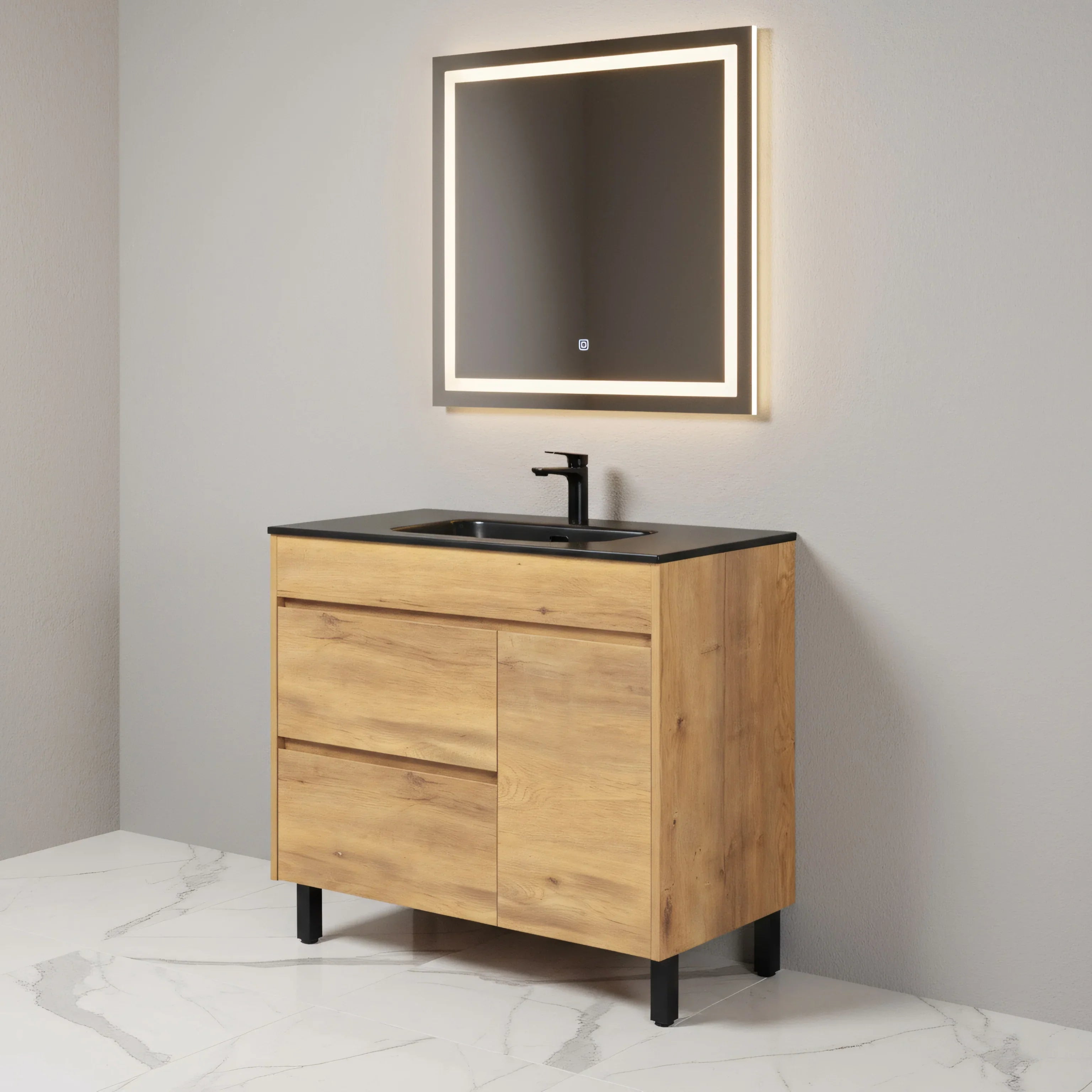40" Frosted Oak Freestanding Single Sink Bathroom Vanity with Black Ceramic Countetop