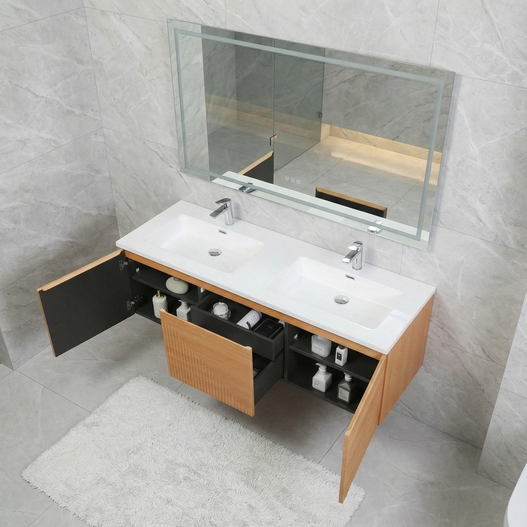 60" Light Oak Wall-Mounted Double Sink Bathroom Vanity with White Polymarble Countertop
