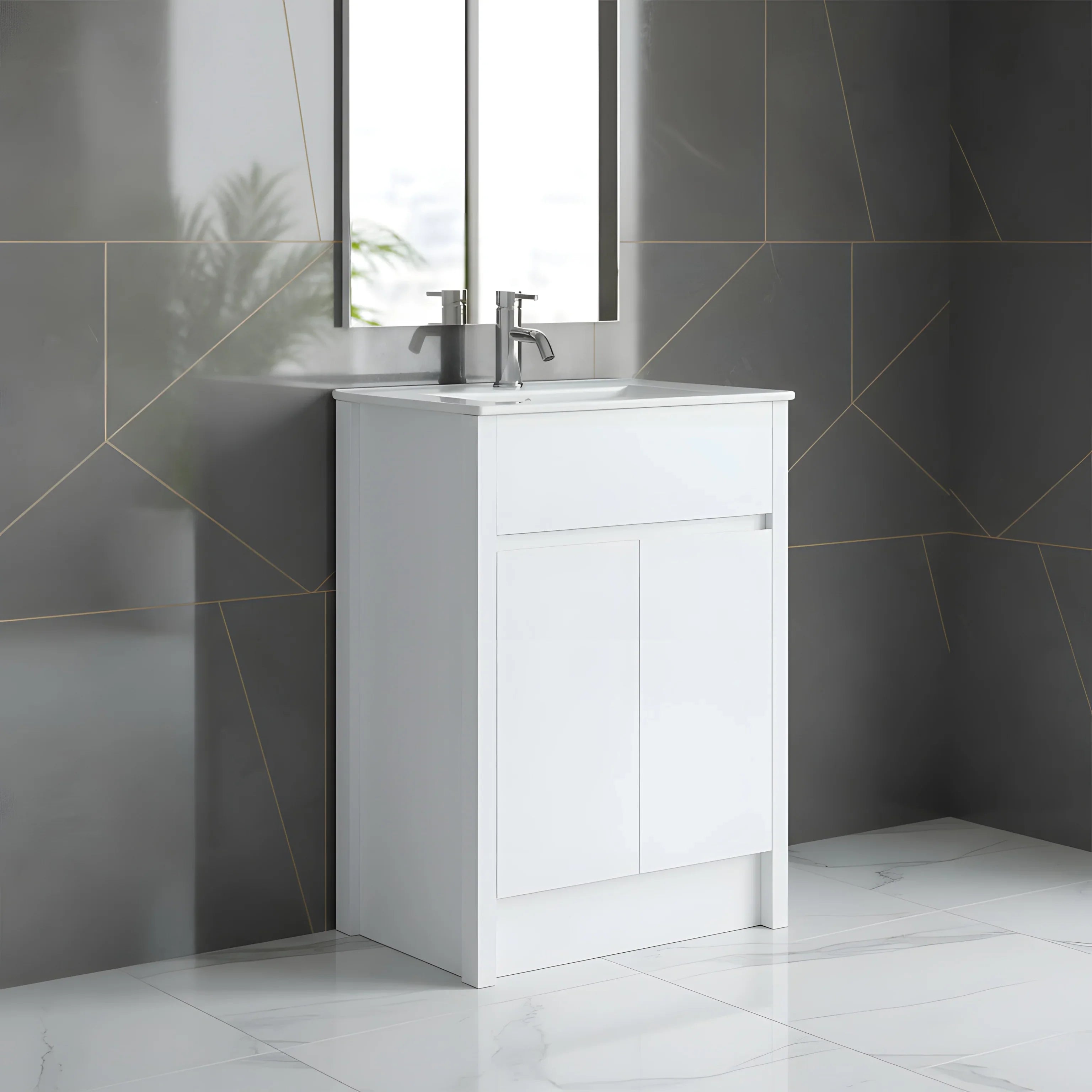 24" White Oak Freestanding Bathroom Vanity with White Ceramic Countertop