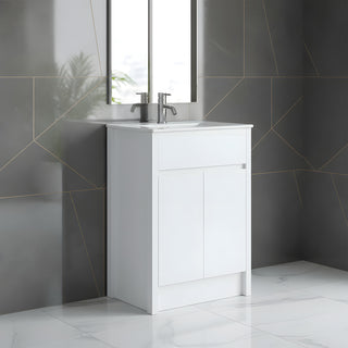 Meuble-Lavabo Autoportant 24po Chêne Blanc avec Comptoir de Céramique Blanc