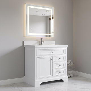 36" White Freestanding Single Sink Bathroom Vanity with Snow White Countertop