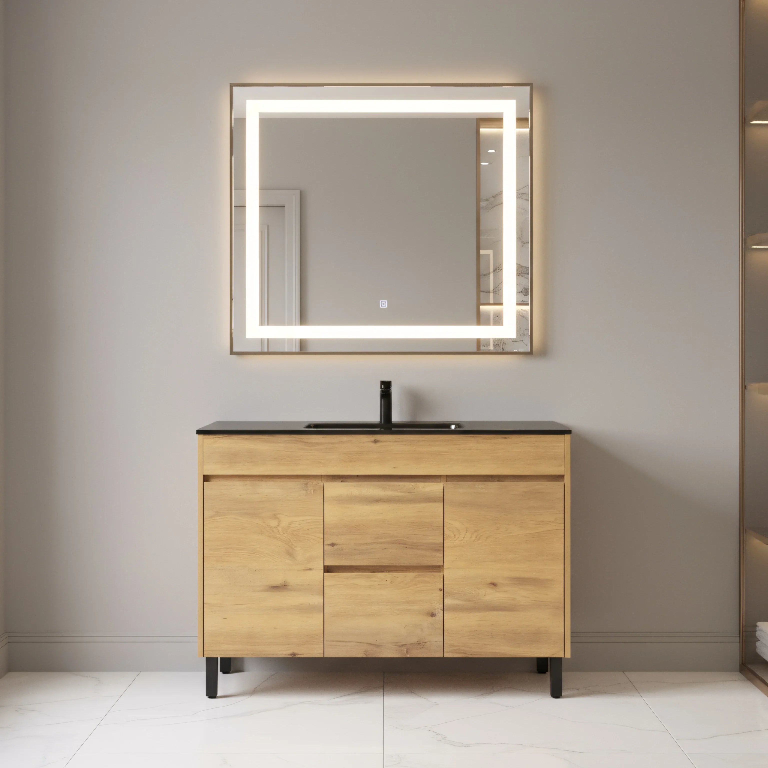 48" Frosted Oak Freestanding Single Sink Bathroom Vanity with Black Ceramic Countetop