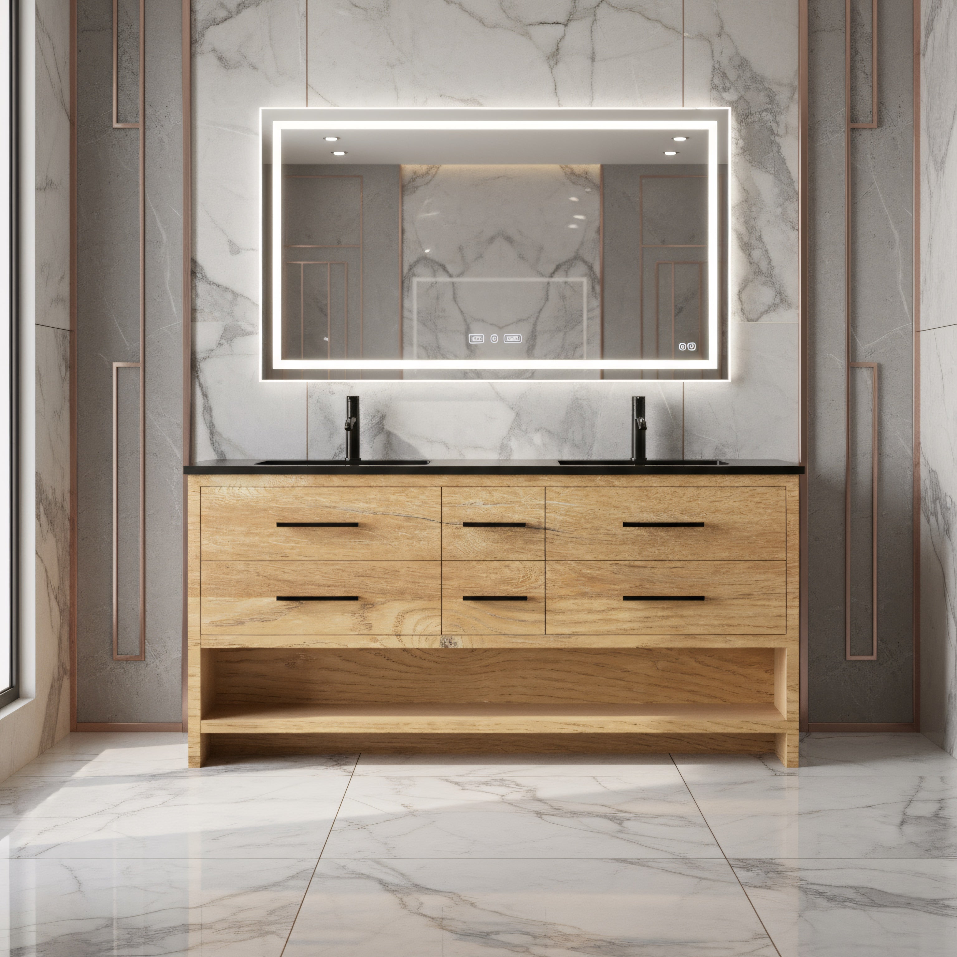 72" Rough Oak Freestanding Double Sink Bathroom Vanity with Black Engineered Quartz Countertop