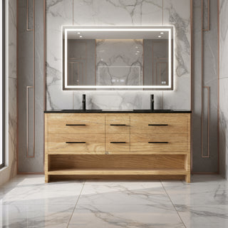 72" Rough Oak Freestanding Double Sink Bathroom Vanity with Black Engineered Quartz Countertop
