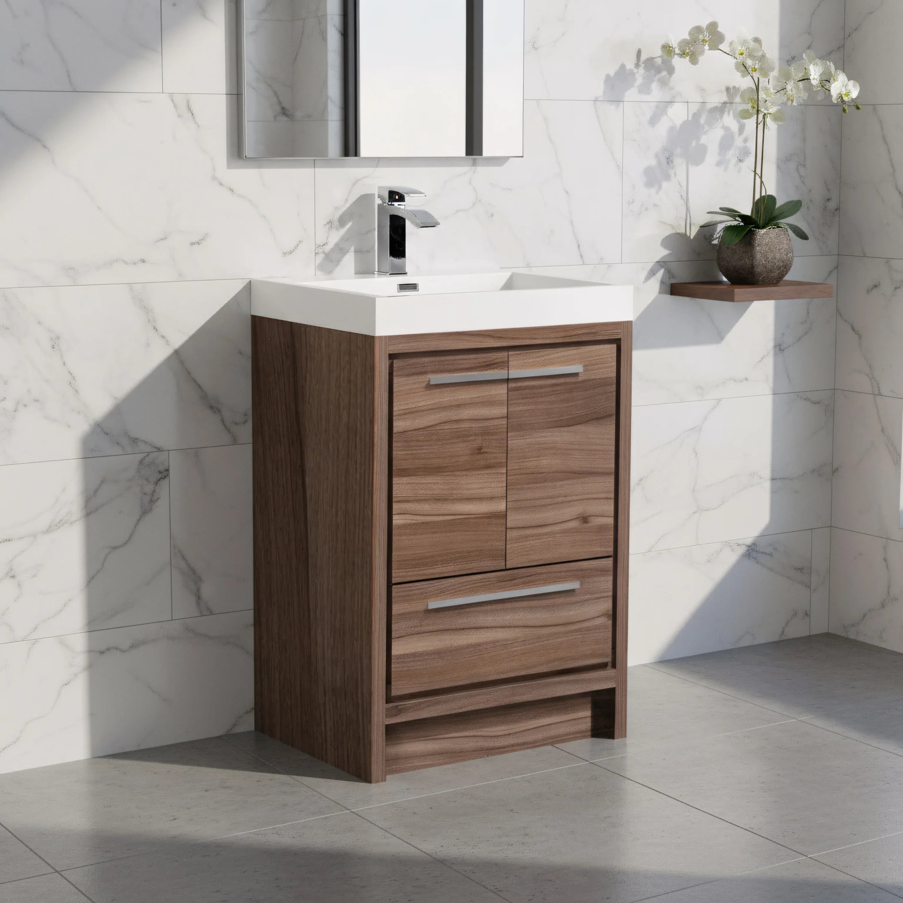 24" Walnut Freestanding Bathroom Vanity with White Polymarble Countertop