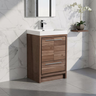 24" Walnut Freestanding Bathroom Vanity with White Polymarble Countertop