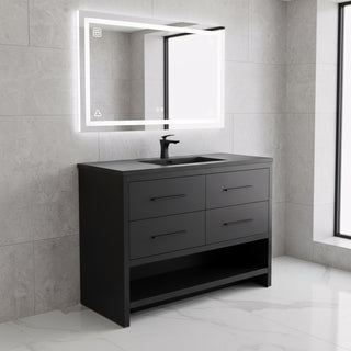 48" Black Rough Oak Freestanding Bathroom Vanity with Black Engineered Quartz Countertop