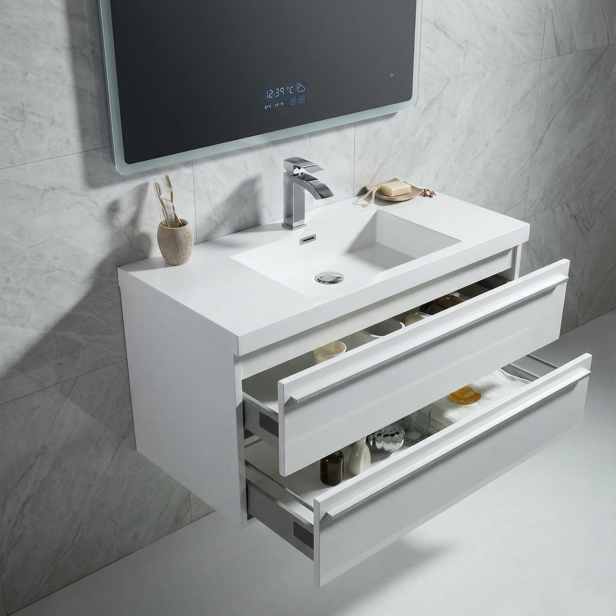 42" White Wall Mount Bathroom Vanity with White Polymarble Countertop