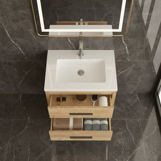 24" Rough Oak Freestanding Bathroom Vanity with White Polymarble Countertop