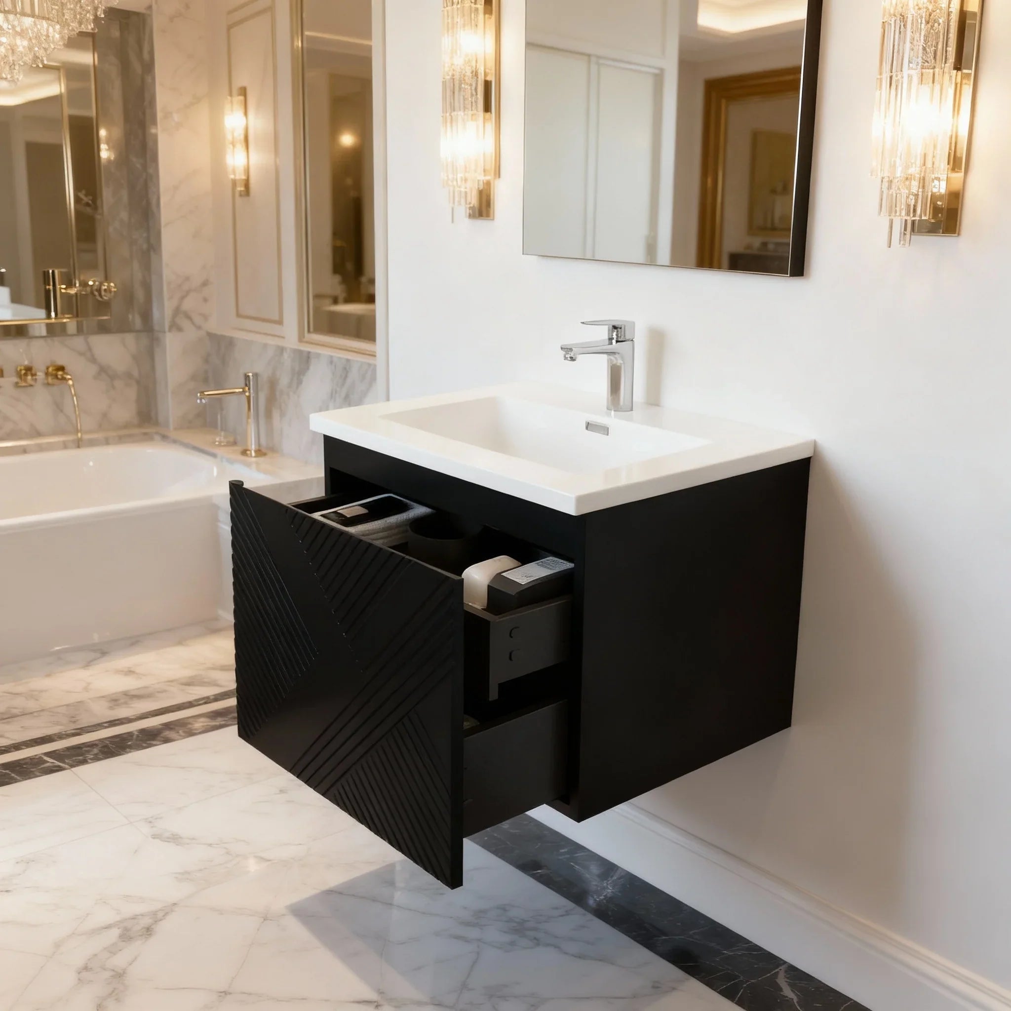 30" Black Wall Mount Bathroom Vanity with White Polymarble Countertop
