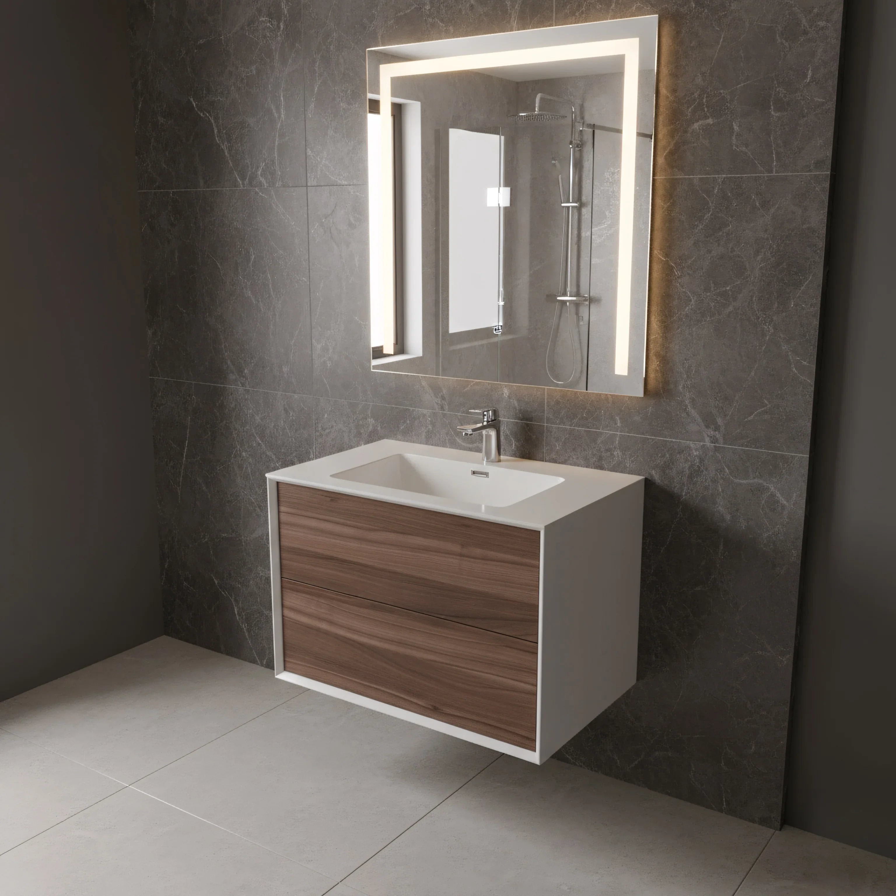 Meuble-lavabo mural en noyer 30" avec Comptoir en polymarbre blanc