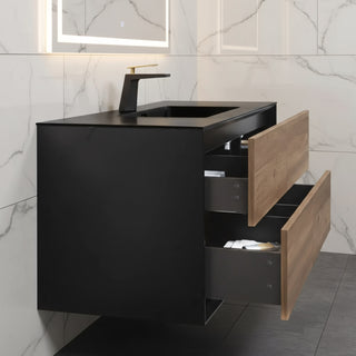 48" Black & Rough Oak Wall Mount Single Sink Bathroom Vanity with Black Engineered Quartz Countertop