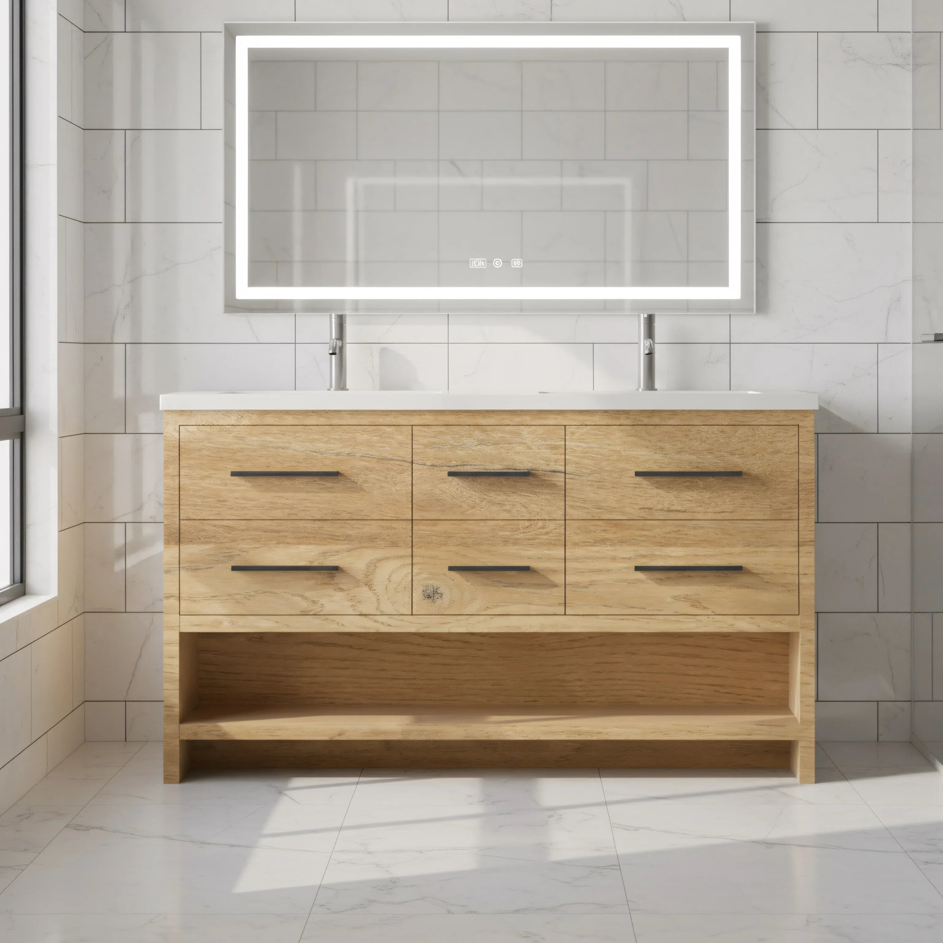 Meuble-Lavabo Autoportant 60po Chêne Brut avec Comptoir de Polymarbre Blanc