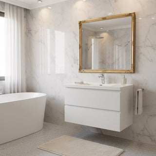 Meuble-Lavabo Mural 30po Blanc Brillant avec Comptoir de Polymarbre Blanc 