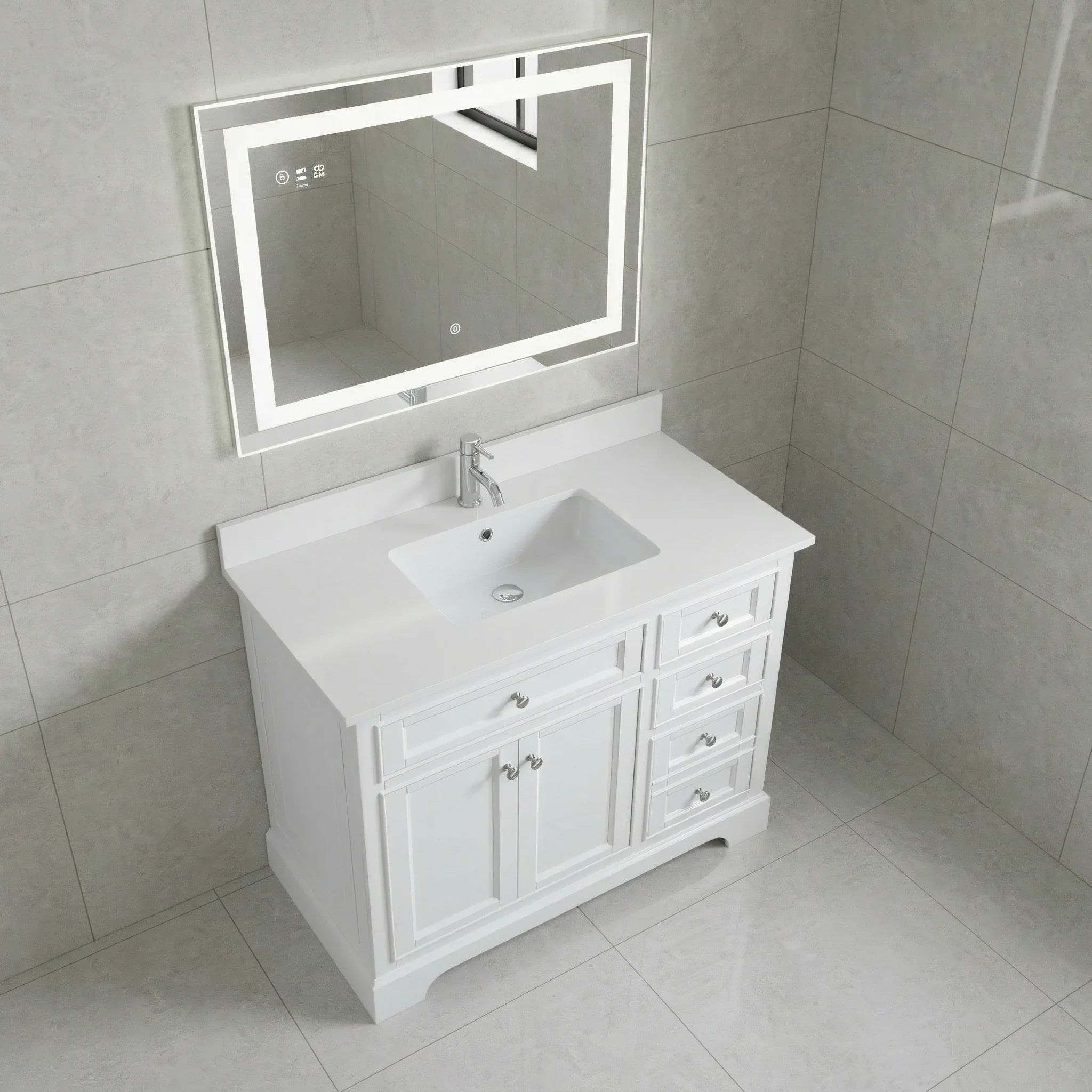 42" White Freestanding Single Sink Bathroom Vanity with Engineered White Marble Countertop