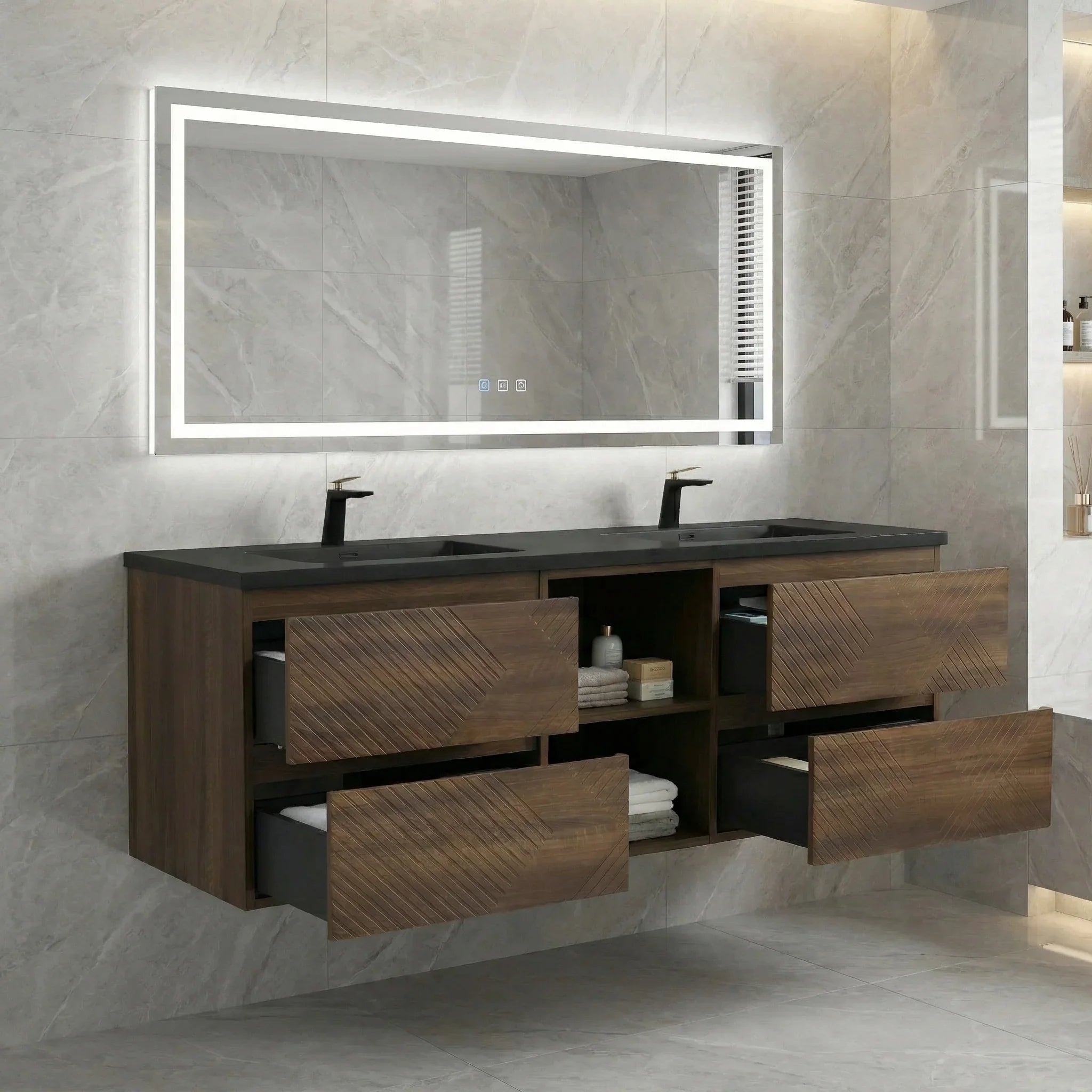 72" Walnut Wall Mount Double Sink Bathroom Vanity with Black Engineered Quartz Countertop