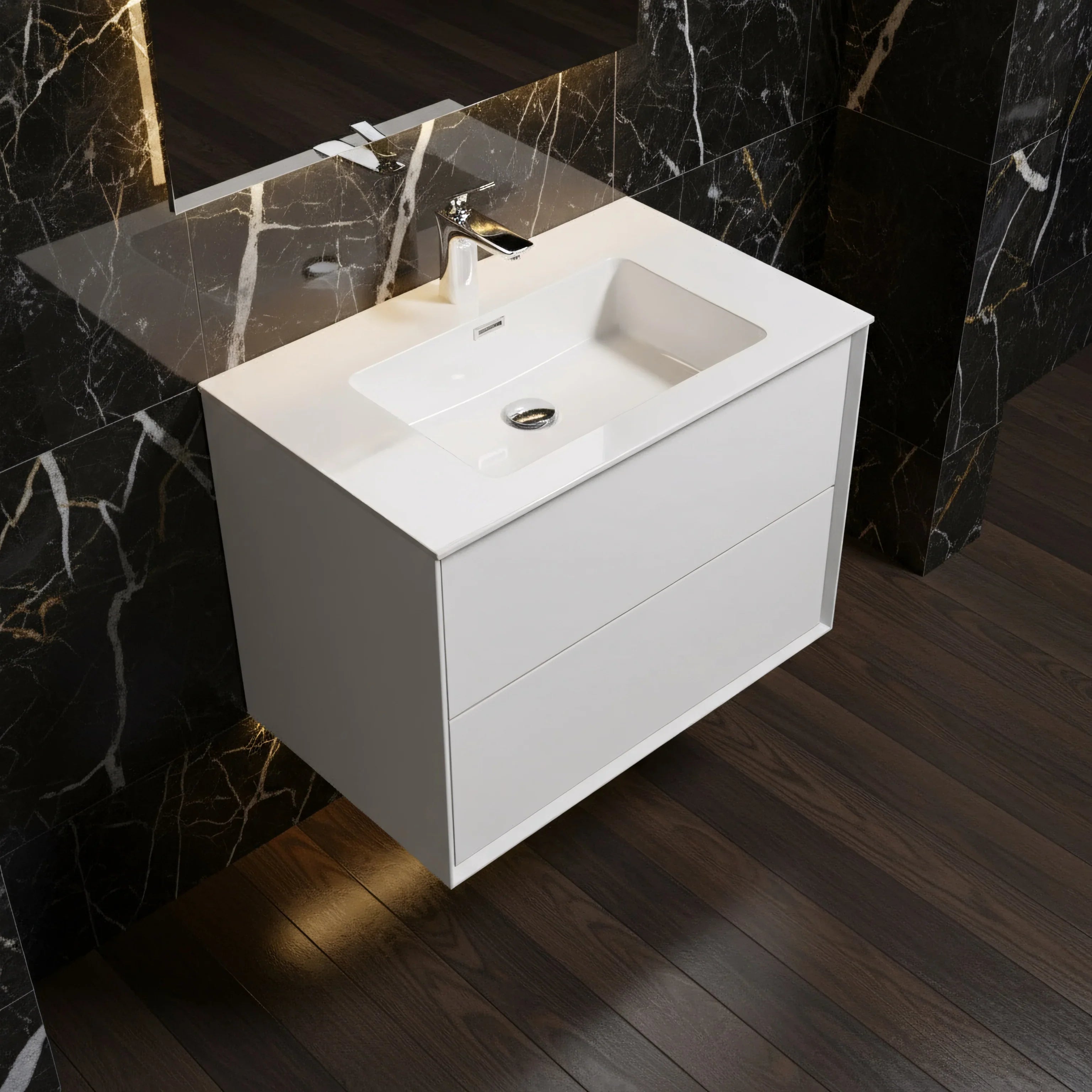 30" White Wall Mount Vanity with White Polymarble Countertop