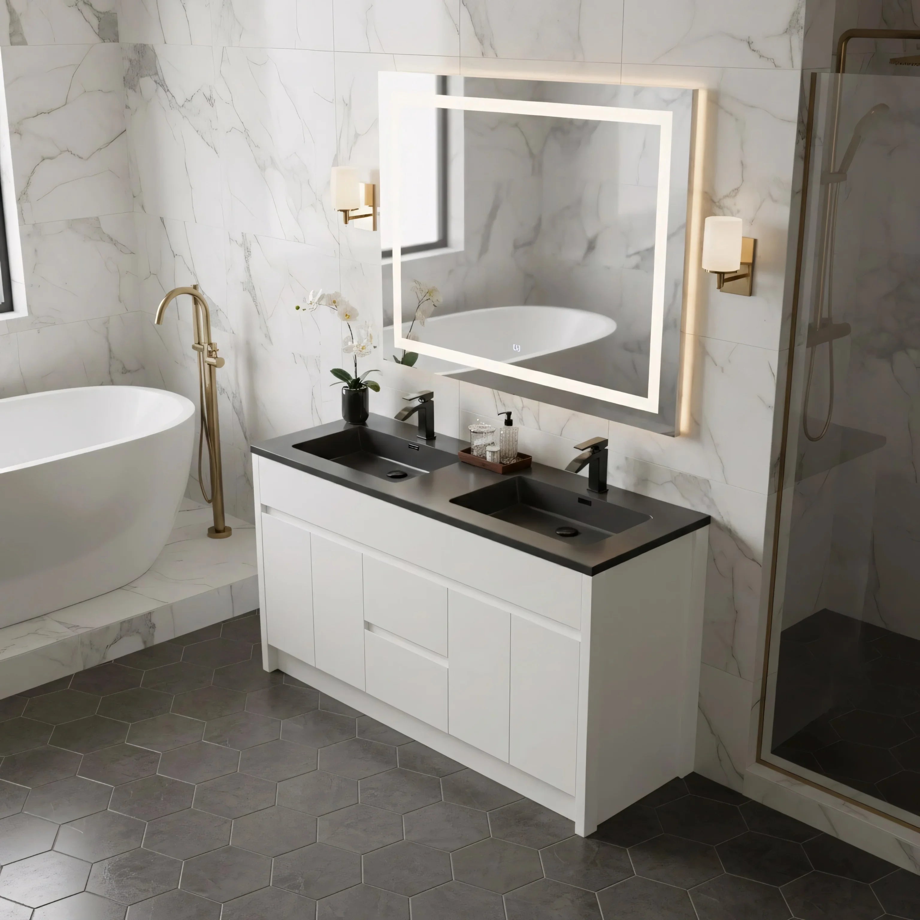 60" Matte White Freestanding Double Sink Bathroom Vanity with Black Engineered Quartz Countertop