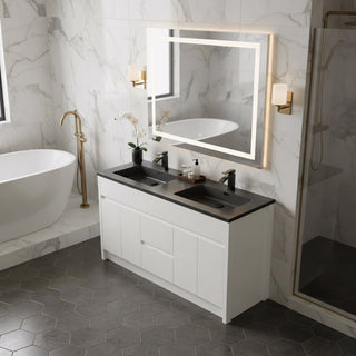 60" Matte White Freestanding Double Sink Bathroom Vanity with Black Engineered Quartz Countertop