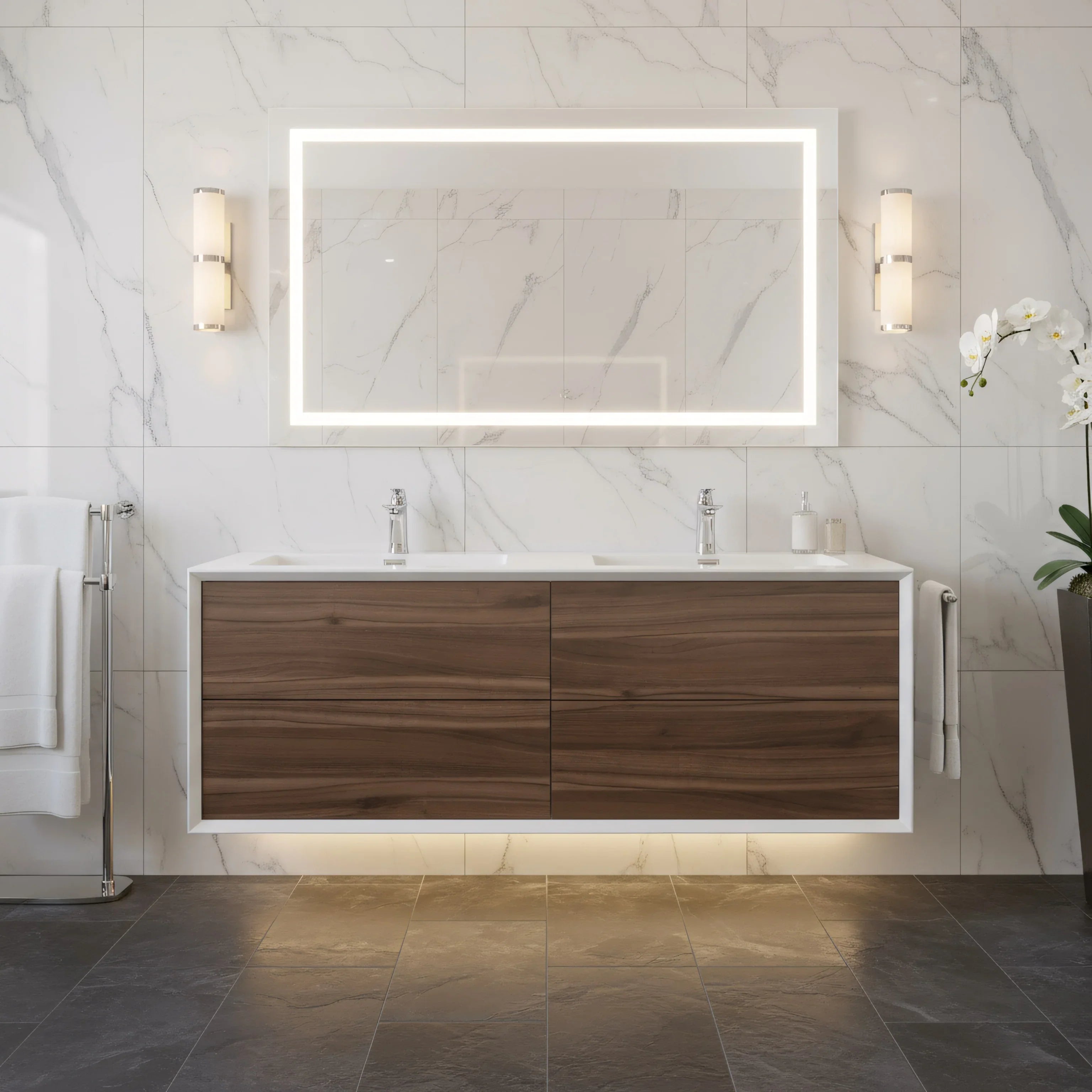 Meuble-lavabo double mural en noyer de 60" avec Comptoir en polymarbre blanc Fleur