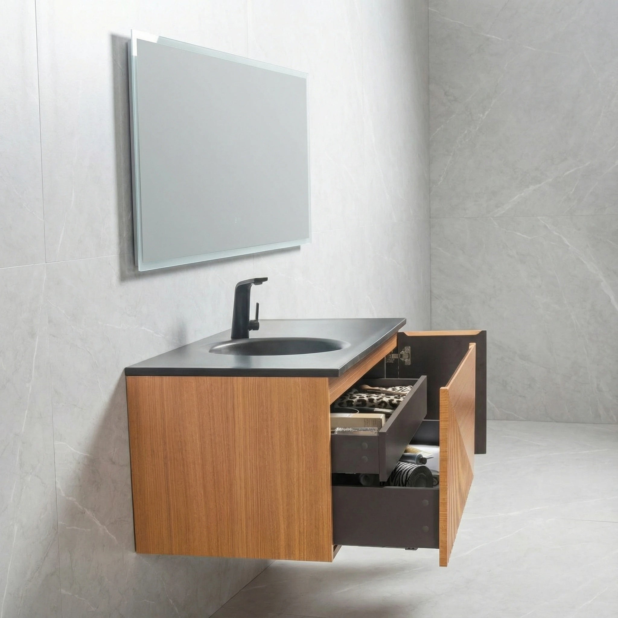 Meuble-Lavabo Mural 48po Chêne Clair avec Comptoir de Quartz d'ingénierie Noir