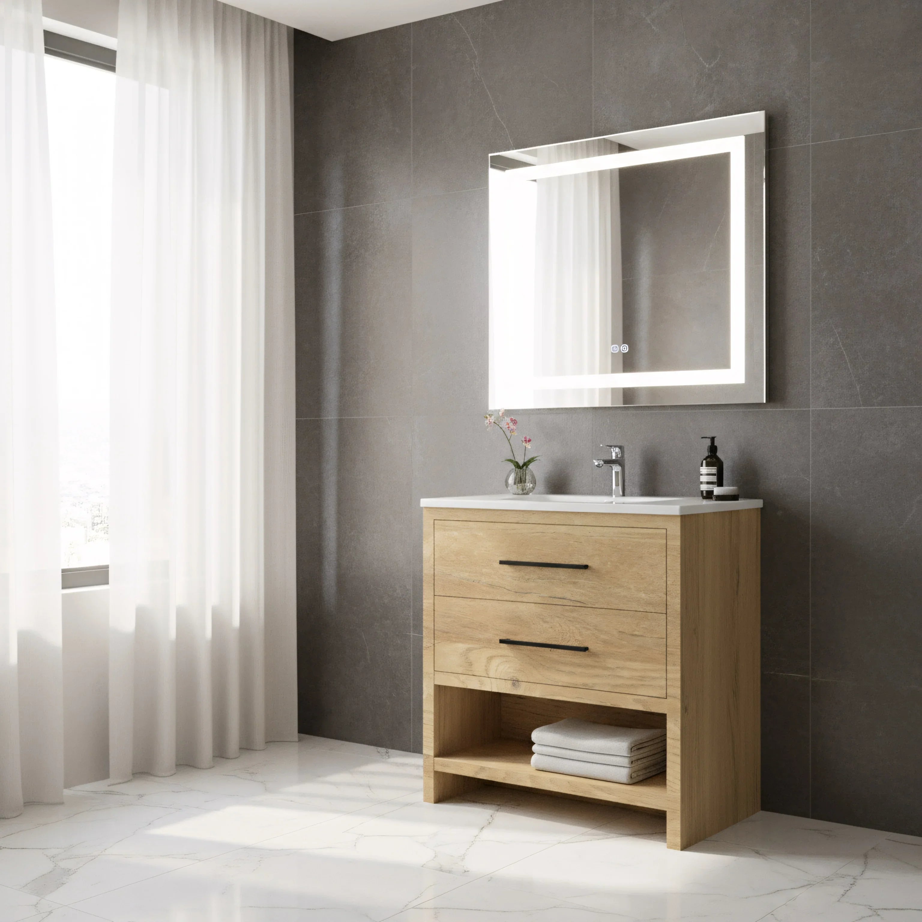 30" Rough Oak Freestanding Bathroom Vanity with White Polymarble Countertop