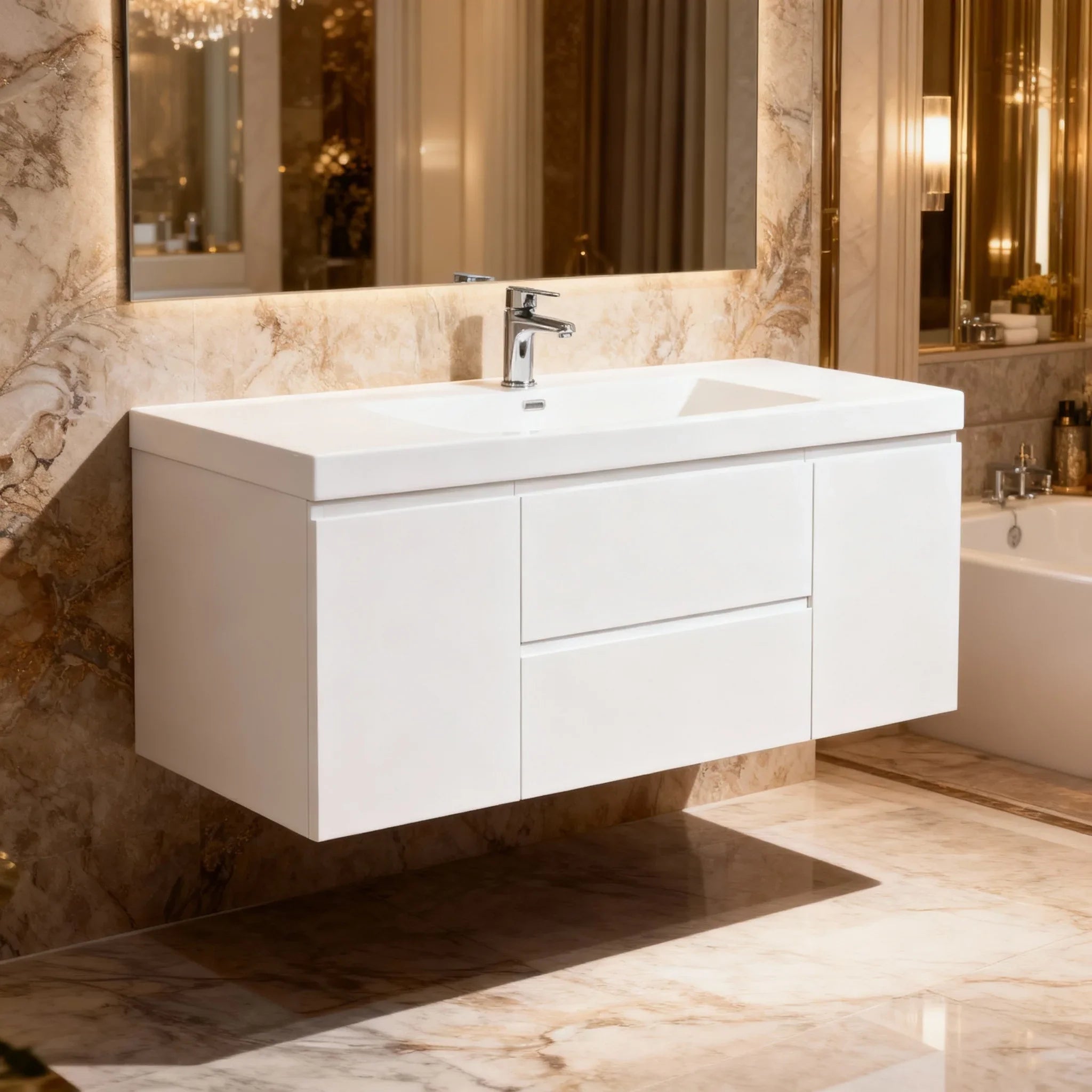 48" Glossy White Wall Mount Single Sink Bathroom Vanity with White Polymarble Countertop