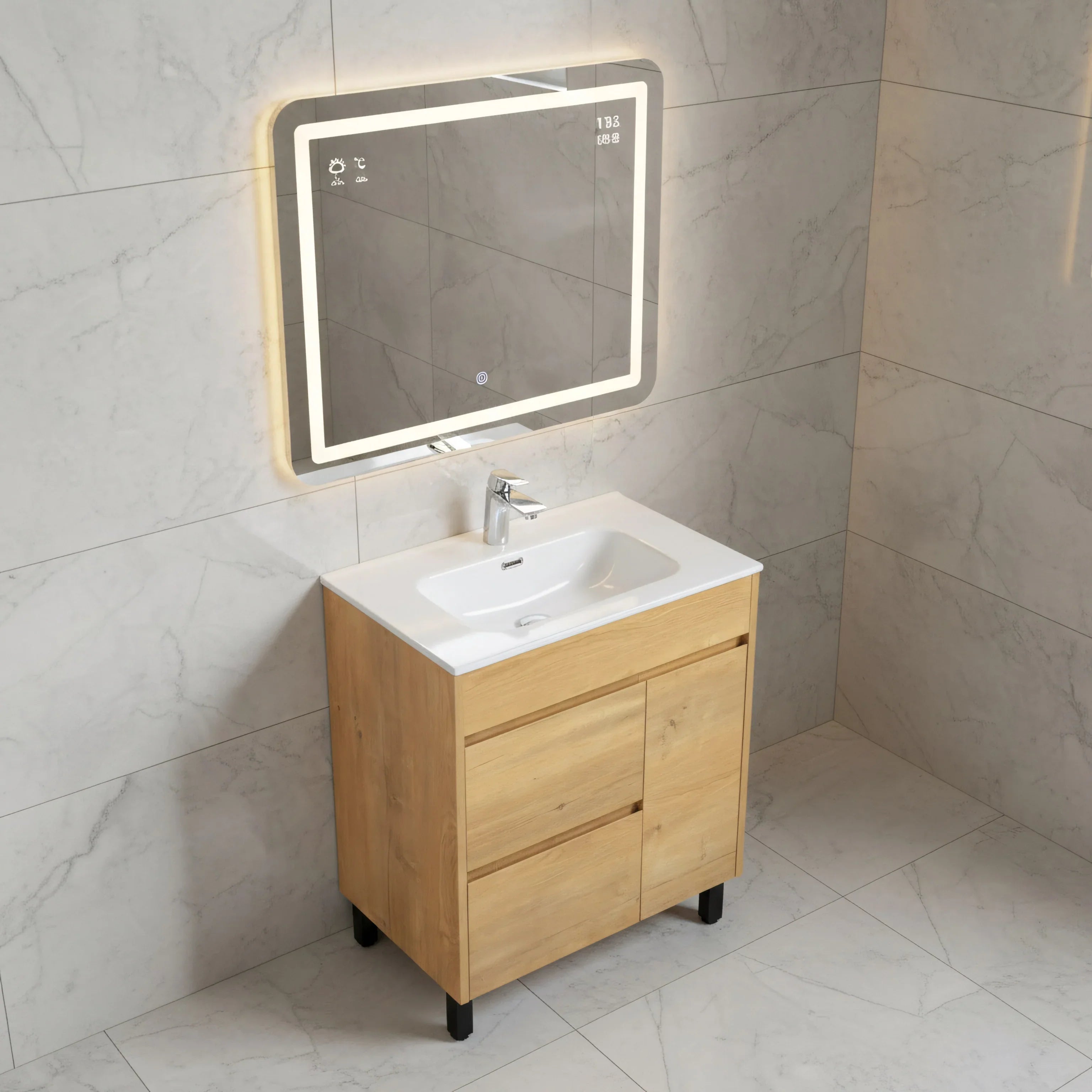 30" Frosted Oak Freestanding Bathroom Vanity with White Ceramic Countertop