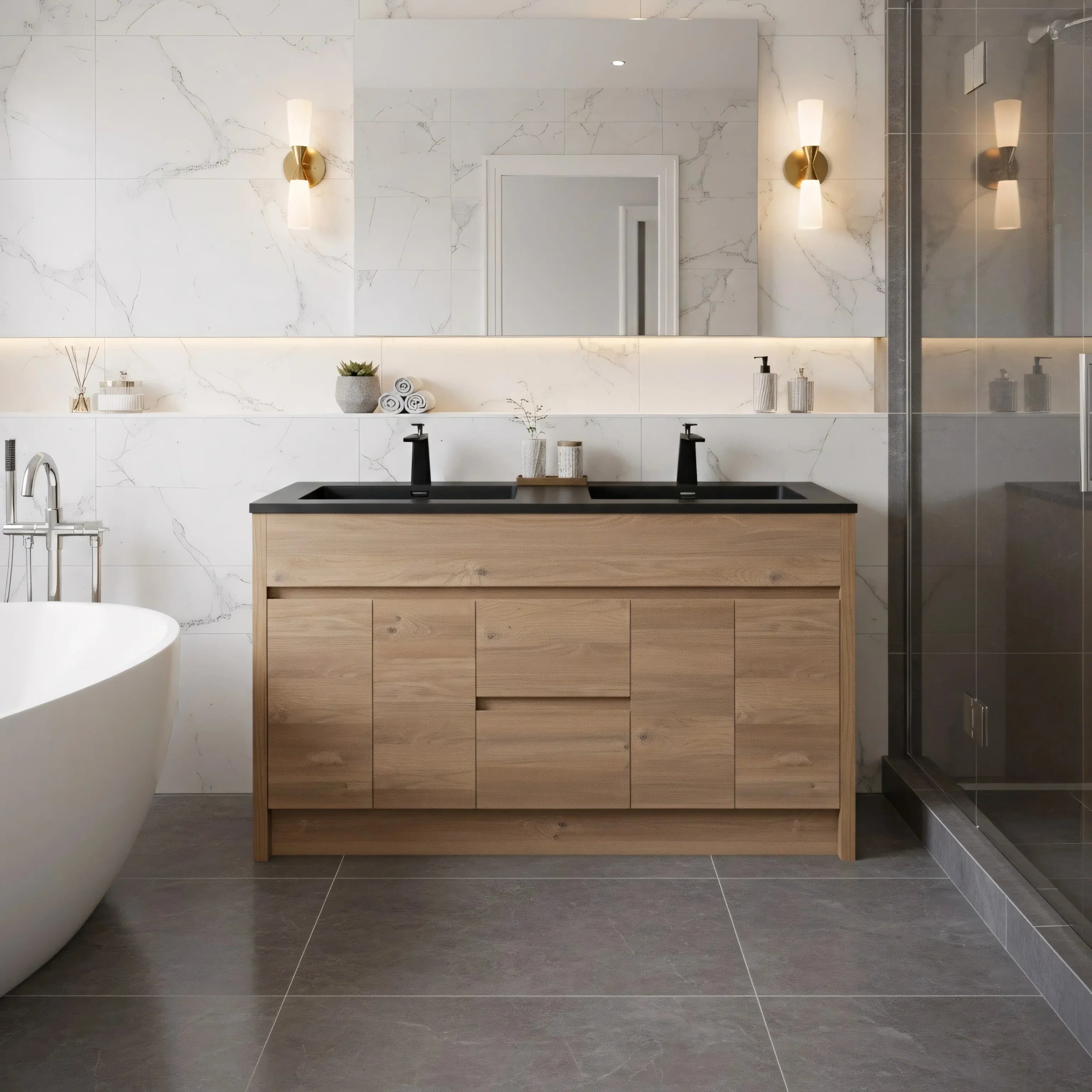 60" Rough Oak Freestanding Double Sink Bathroom Vanity with Black Engineered Quartz Countertop