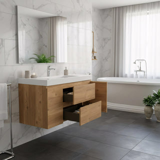 48" Rough Oak Wall Mount Single Sink Bathroom Vanity with White Polymarble Countertop