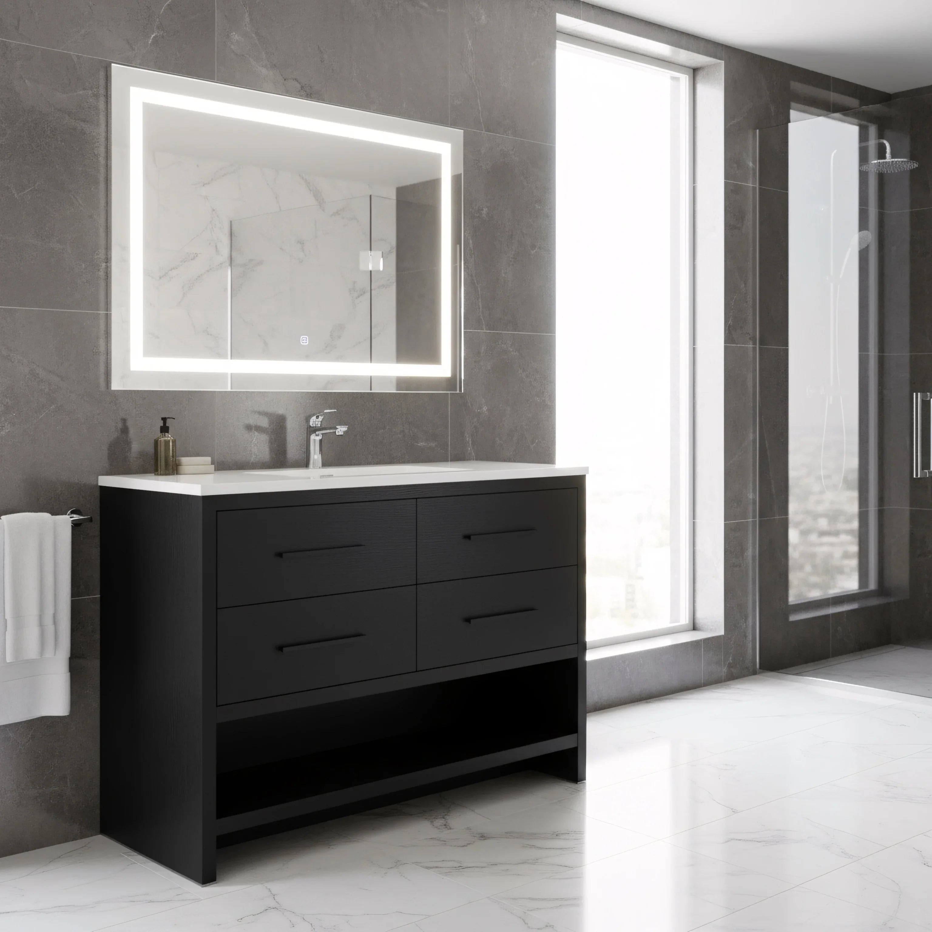 Meuble-lavabo autoportant noir en chêne brut de 48" avec Comptoir en polymarbre blanc