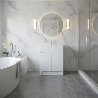 Meuble-Lavabo Autoportant 30po Chêne Blanc avec Comptoir de Céramique Blanc