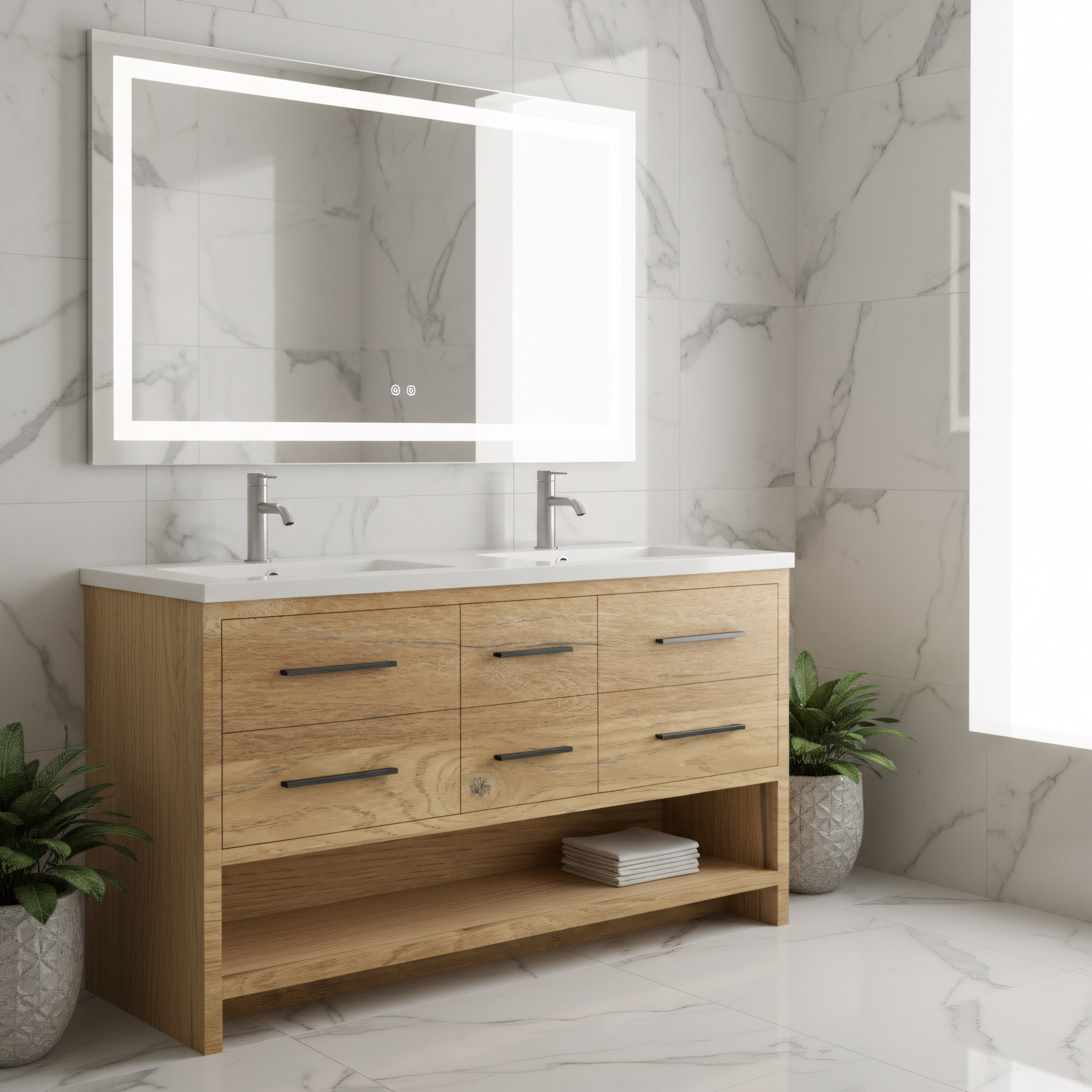 72" Rough Oak Freestanding Double Sink Bathroom Vanity with White Polymarble Countertop