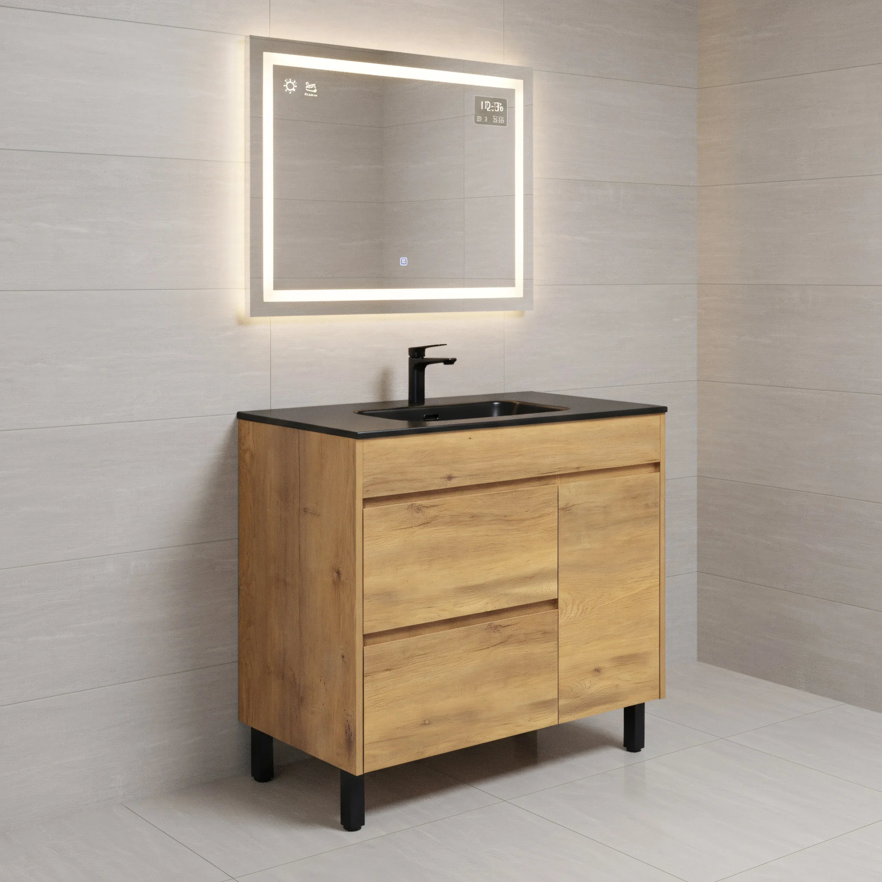 40" Frosted Oak Freestanding Single Sink Bathroom Vanity with Black Ceramic Countetop