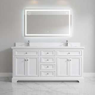 72" White Freestanding Double Sink Bathroom Vanity with Engineered Calcutta Marble Countertop
