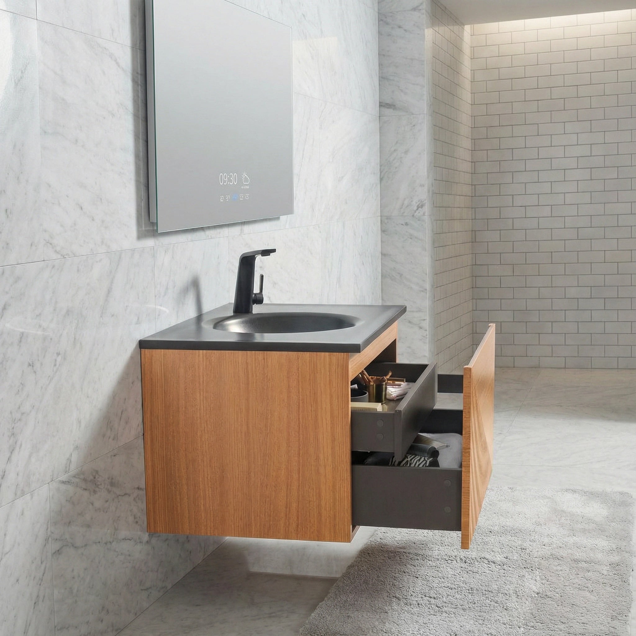 30" Light Oak Wall Mount Bathroom Vanity with Black Engineered Quartz Countertop