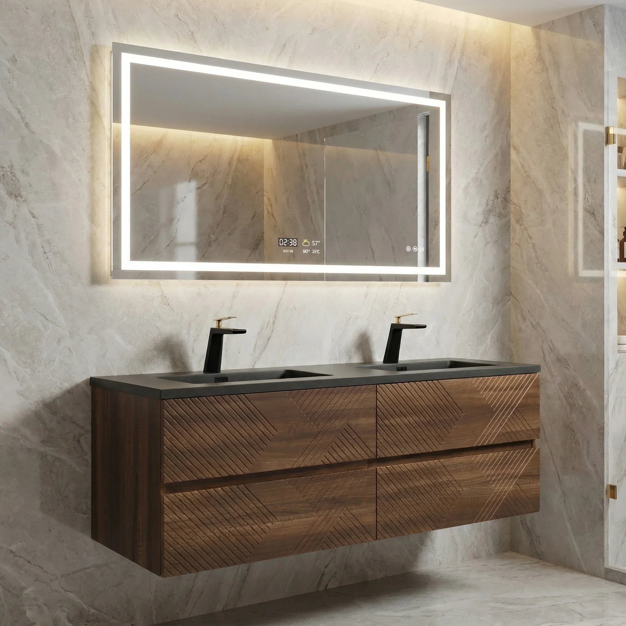 60" Walnut Wall Mount Double Sink Bathroom Vanity with Black Engineered Quartz Countertop